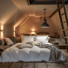 Beautiful cozy room in a loft style. bedroom with large bed and white bed linen, and above it the lights are on