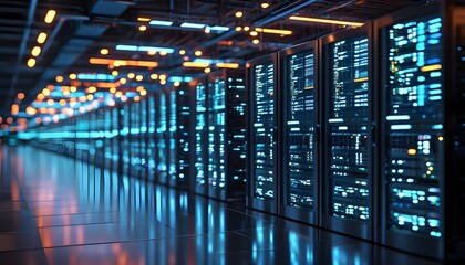 Illuminated servers in a sleek modern data center representing the core of digital technology infrastructure