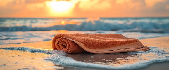 Rolled towel on a sandy beach at sunset.