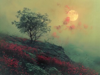 Canvas Print - Misty Hillside with Red Flowers and a Full Moon