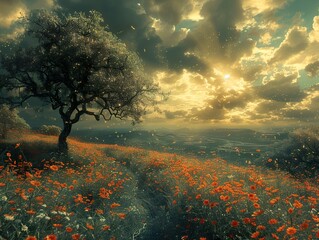 Canvas Print - Sunset Over a Field of Flowers - A Dreamy Landscape