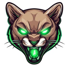 Wall Mural - Green Eyed Cougar Mascot Logo with Glowing Fangs and a Green Sphere