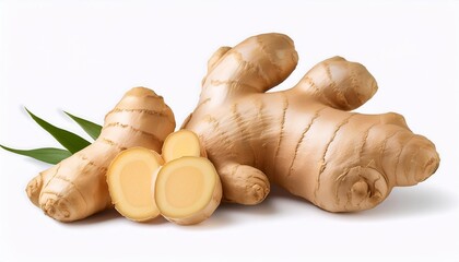 close up of fresh ginger root in various sizes arranged on a white background highlighting their texture and natural color transparent background