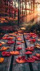 Wall Mural - Wooden surface and autumn forest