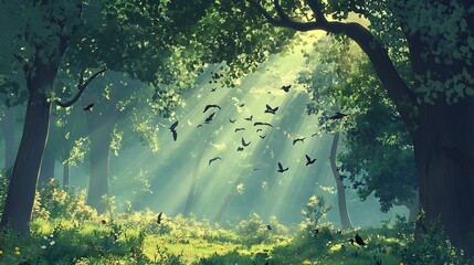 Wall Mural - Birds flying in a magical enchanted forest with sunlight streaming through the trees