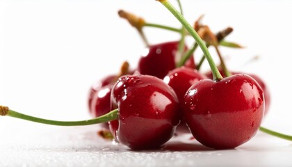 close up of juicy red cherry with stems