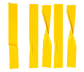 Top view set of wrinkled or crumpled yellow adhesive vinyl tape or cloth tape in stripes shape isolated with clipping path in png file format