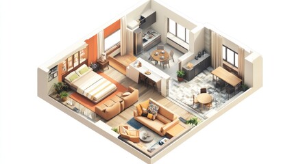 Wall Mural - A modern apartment with a bedroom, living room, kitchen and dining area.