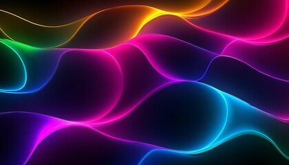 Poster - Abstract colorful neon glowing waves on black background, modern futuristic design. Perfect for screensavers, wallpapers, and digital art.