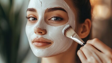 Close-up of a woman applying a white facial mask with a brush.