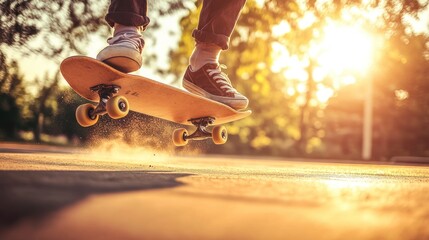 Wall Mural - A skateboarder performing a trick during sunset, capturing the essence of leisure and sport.