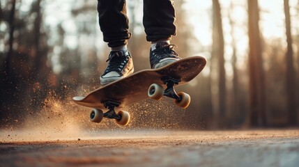 Wall Mural - A skateboarder performs a trick in a forested area, capturing dynamic movement and energy.