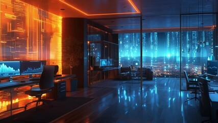 Poster - futuristic office with glowing circuitry on the walls, showing financial charts and data on multiple