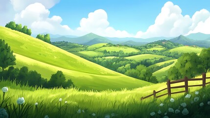 Green hills and rolling fields, sunny day, blue sky, fluffy clouds, wood fence, digital painting