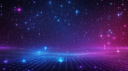 Wall Mural - Abstract digital grid with a dark blue and pink background with bright stars.