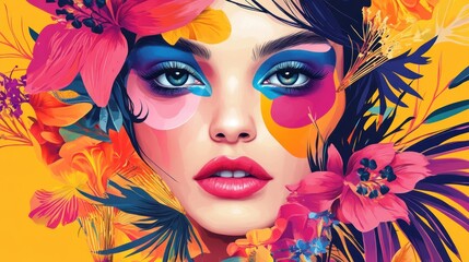 close up of a woman's face with colorful floral decoration and makeup.