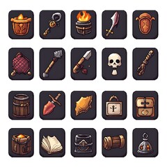 Wall Mural - Cartoon RPG Game Interface Icons Set,  Weapons, Items, and UI Elements