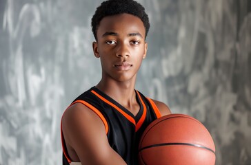 Wall Mural - Young basketball player holding ball and posing in front of grey wall