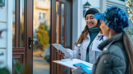 Two women engage in a friendly conversation at a door, showcasing delivery and community connection in a warm atmosphere.