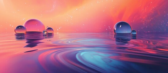 Surreal abstract landscape featuring water in a vibrant neon palette with circular forms and various geometric shapes against a dreamy space backdrop