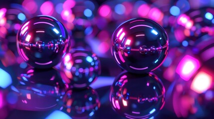 Two chrome spheres in the center of a field of purple and blue bokeh lights.