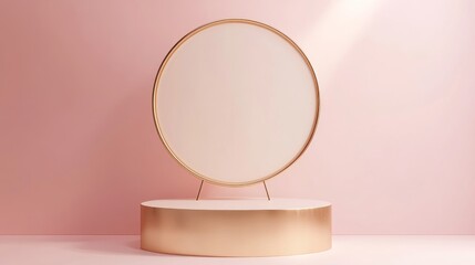 Wall Mural - Gold oval frame on a golden podium in a pink room.