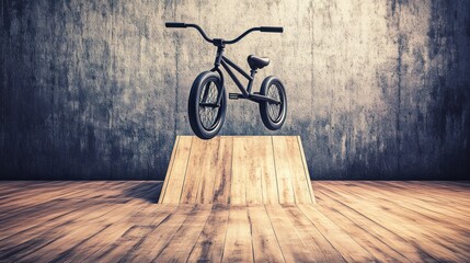 Wall Mural - A BMX bike is airborne over a wooden ramp in an indoor skatepark setting.