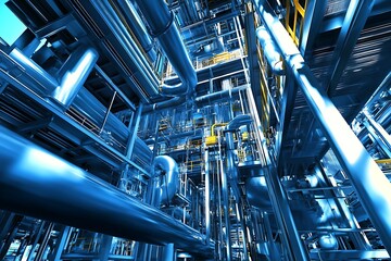 Abstract 3D illustration of a complex system of pipes and valves in a futuristic industrial environment.