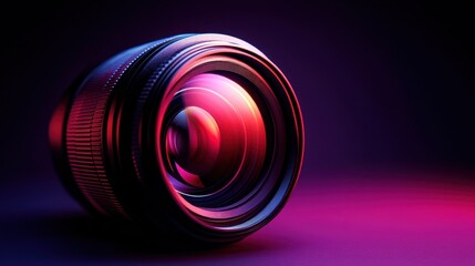 Closeup of a camera lens with pink and blue lighting.