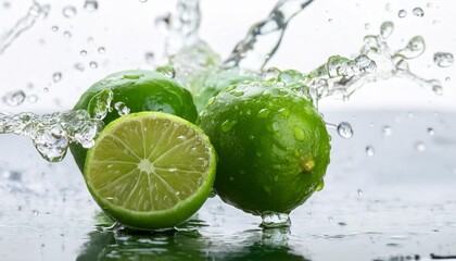 Wall Mural - limes with water splashing fresh green limes being drenched with splashes of water the vibrant citrus fruits glisten as water droplets cling to their smooth skin