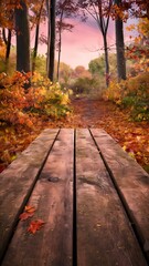 Wall Mural - Wooden surface and autumn forest