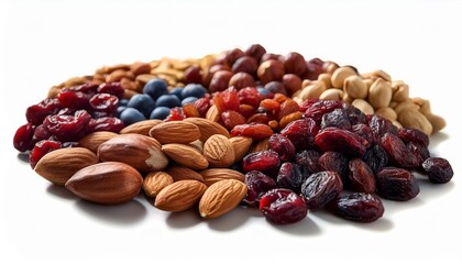 Wall Mural - colorful assortment of nuts and dried fruits detailed image highlighting a spread of hazelnuts sunflower seeds dried blueberries and dried cranberries in a visually appealing arrangement