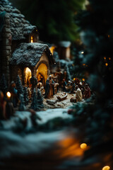 Nativity scene at a church, softly lit at night, captures the warmth and reverence of Christmas celebrations