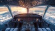 © B 7 YOU - Airplane cockpit with a view of the clouds and a sunset over the horizon.