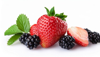 Wall Mural - fresh strawberries and blackberries on a white background