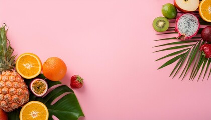 Wall Mural - colorful arrangement of fresh fruits on pink background surrounded by tropical leaves