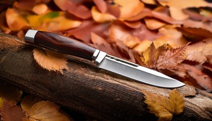 carving knife resting on fallen log covered in autumn leaves