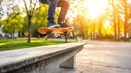 Wall Mural - A skateboarder performing a trick in a sunlit park setting.