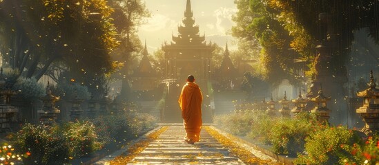 Wall Mural - Solitary monk in orange robe walking along a pathway through an enchanting forest bathed in a warm ethereal glow of light filtering through the lush foliage