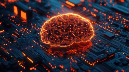 Wall Mural - A glowing brain-shaped circuit board, on a dark blue background.