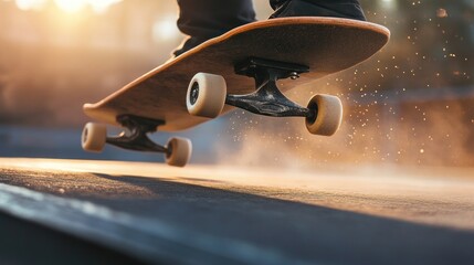 Wall Mural - A skateboarder performing a trick in a sunlit skate park, capturing motion and energy.