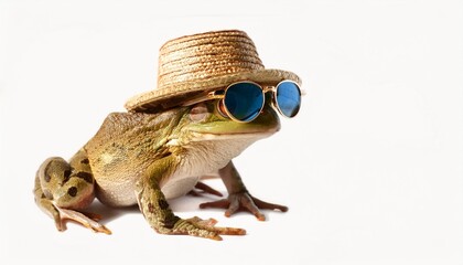 a frog sporting a trendy hat and sunglasses looking relaxed and ready for summer fun