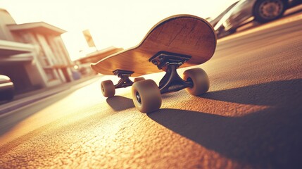 A close-up of a skateboard on a sunlit street, showcasing urban leisure activity.