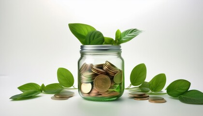 Wall Mural - a serene illustration of a jar with green leaves and coins symbolizing growth and prosperity in a calm minimalist style