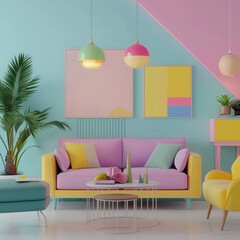 pastel interior colorful living room modern design vibrant pink yellow blue sofa art plants decor furniture lighting stylish contemporary geometric wall art cozy chic 