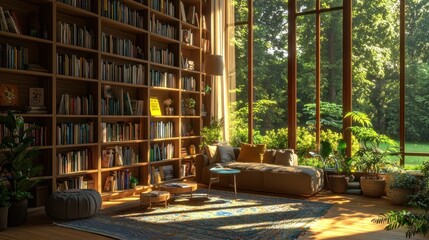 A cozy living room with a large bookshelf, a comfortable couch, and a view of a lush green garden.