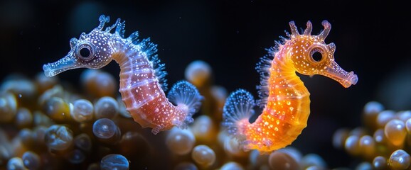 Two colorful seahorses swim together in the ocean.