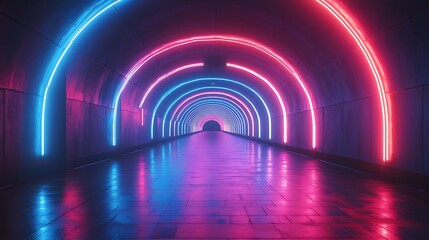 Wall Mural - Abstract Neon Lights Tunnel with Pink and Blue Glowing Arcs