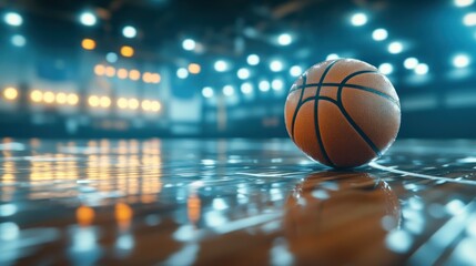 A basketball on a reflective court with blurred lights in the background.