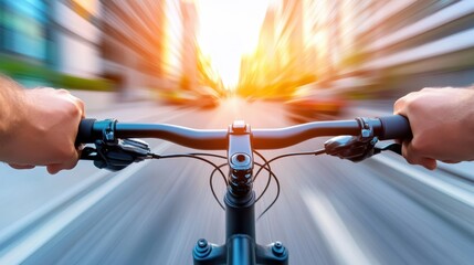 Poster - A person riding a bike down the street with city buildings in view, AI